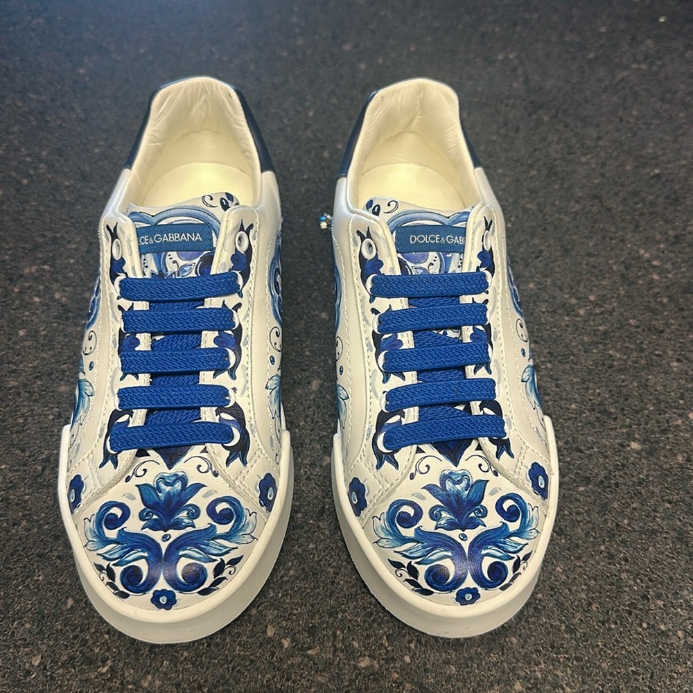 Dolce and Gabbana Majolica Print Leather Sneakers